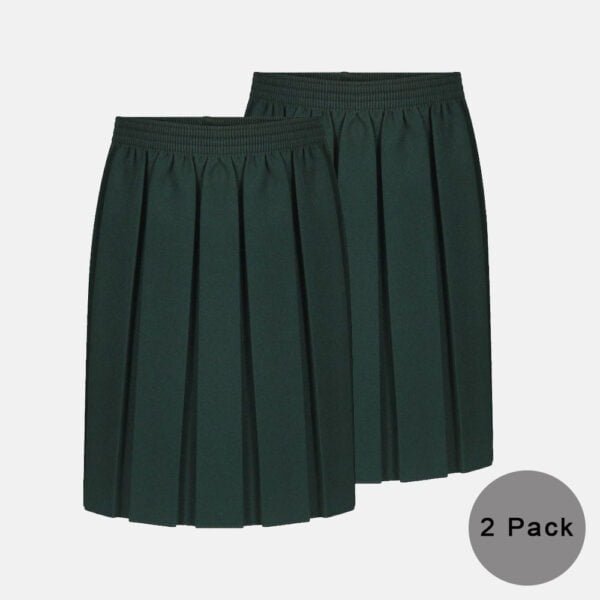 2 Pack Girls School Elasticated Waist Box Pleated Skirts In Bottle Green