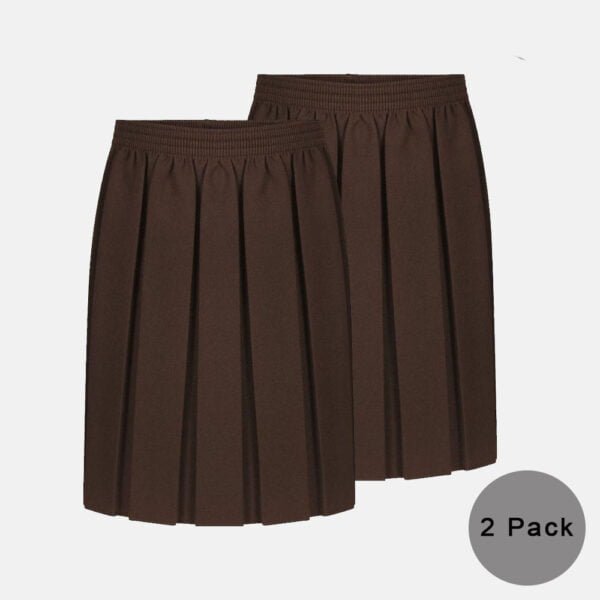 2 Pack Girls School Elasticated Waist Box Pleated Skirts In Brown