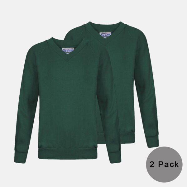 2 Pack Kids V Neck School Fleece Jumpers In Bottle Green Colour