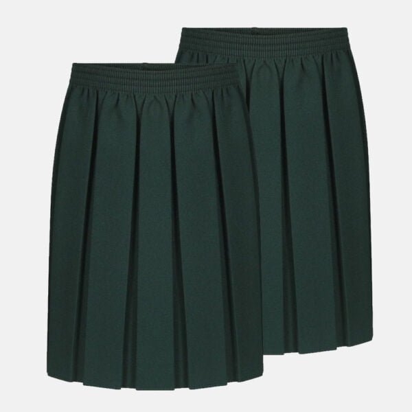 2 Pack Girls School Elasticated Waist Box Pleated Skirts In Bottle Green